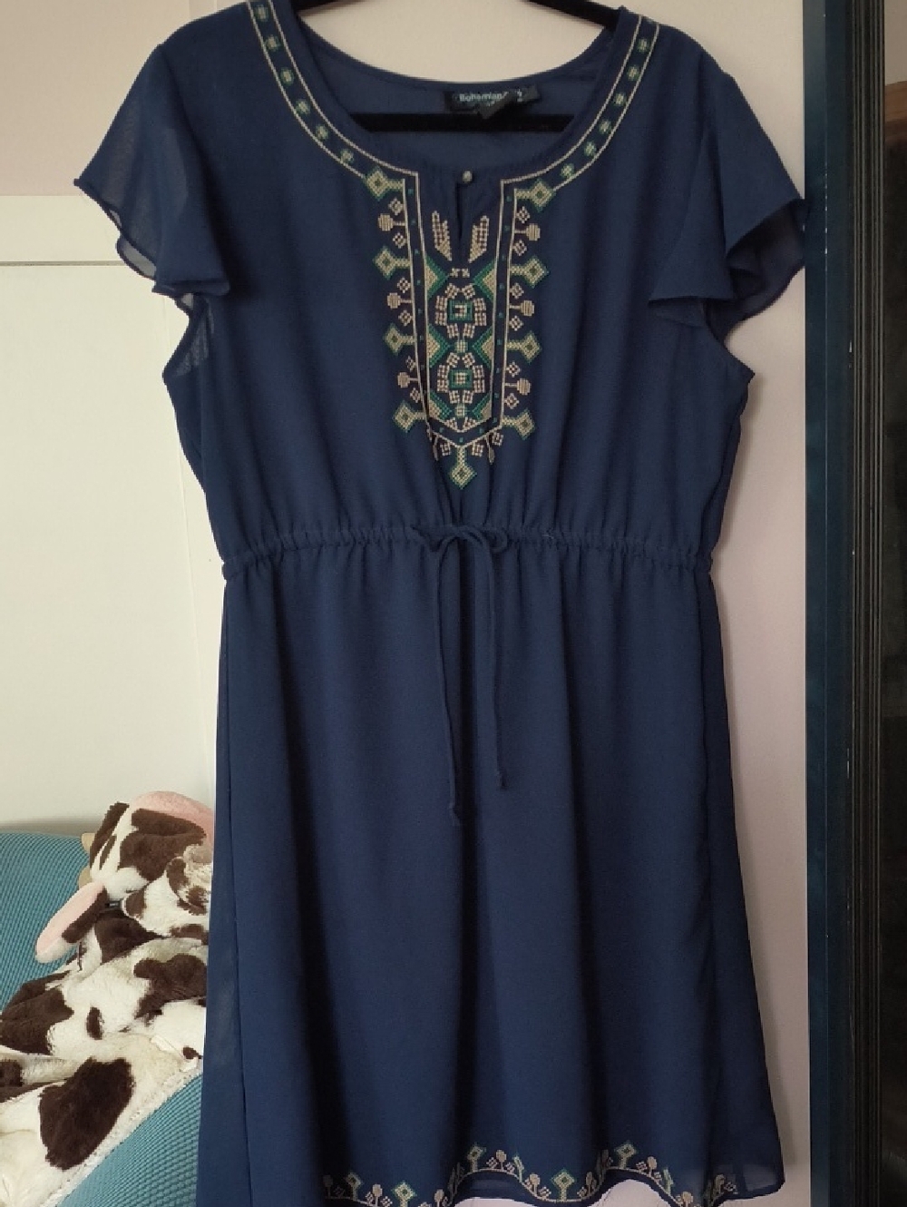 Navy Embroidered Midi Dress with Waist Tie